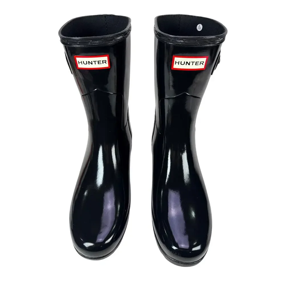 Hunter Original Short Gloss Rain Boots Womens 9 Black Shiny Rubber Adjustable‎